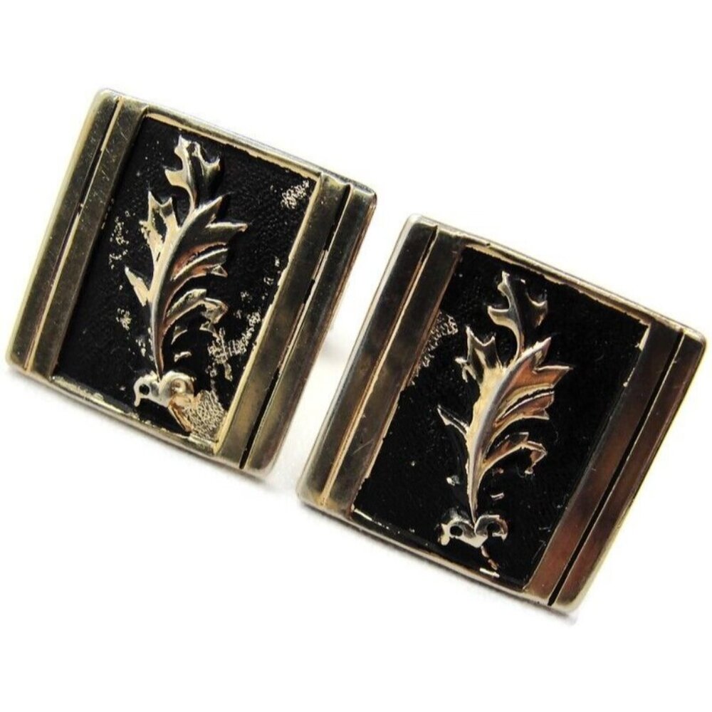 Vtg Cufflinks Floral Square Black Gold Tone Shirt Wedding Accessories Tux Pat No